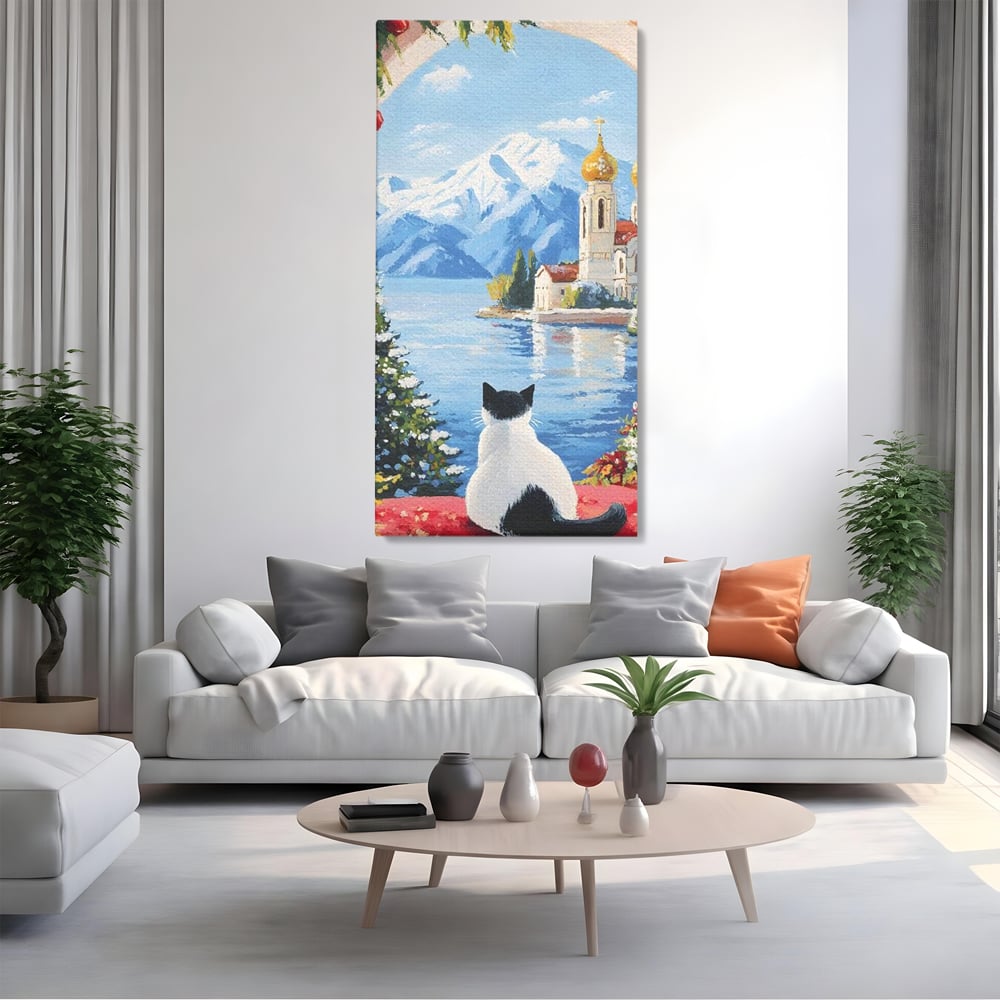 Tablou canvas cu tablou canvas cu pisica privind spre munte, fara rama, pe sasiu de lemn, pe perete intr-un living